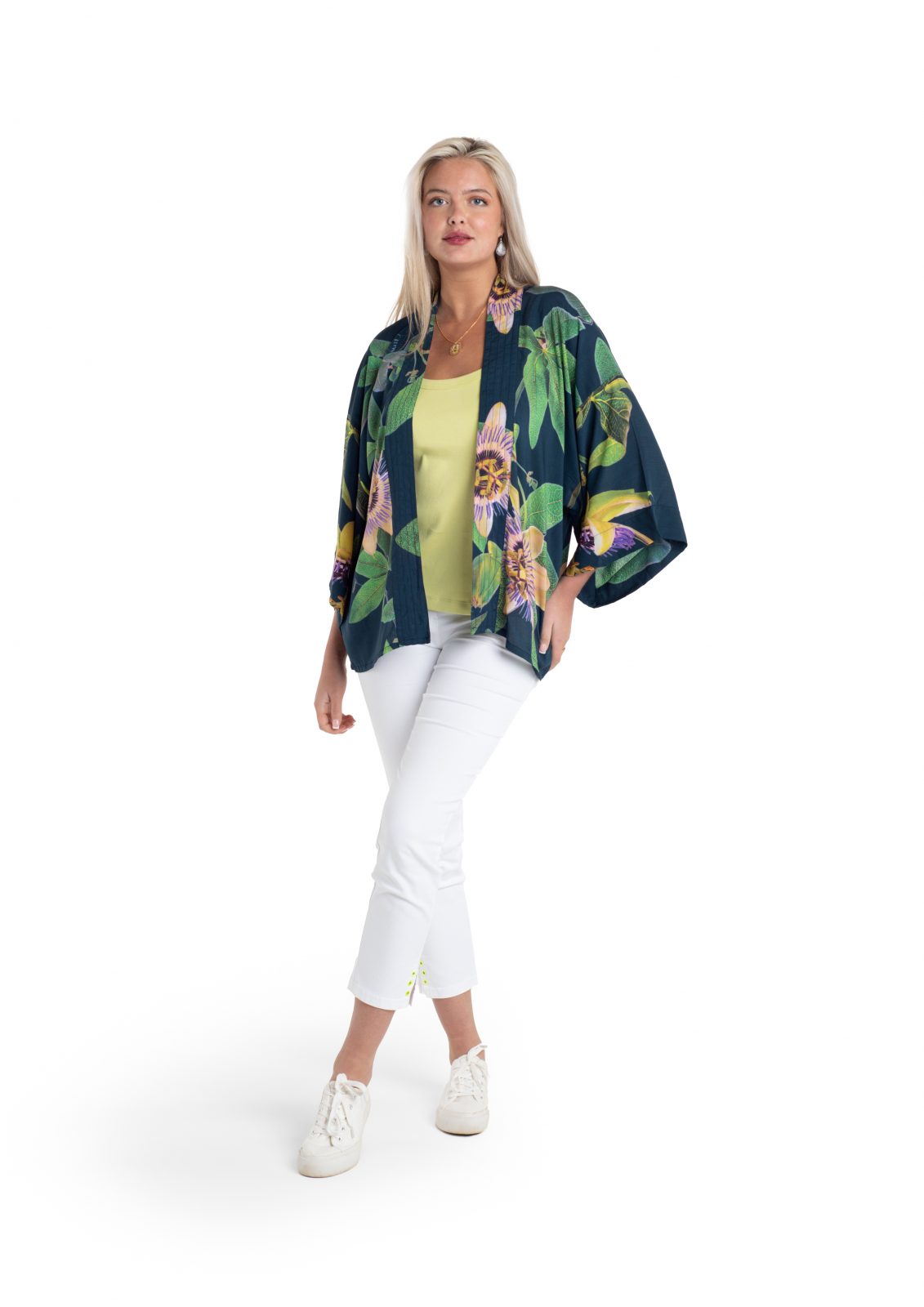 Passionflower Petrol print in a short kimono by From My Mother's Garden is a colourful, floral coverup lightweight jacket for the Spring Summer
