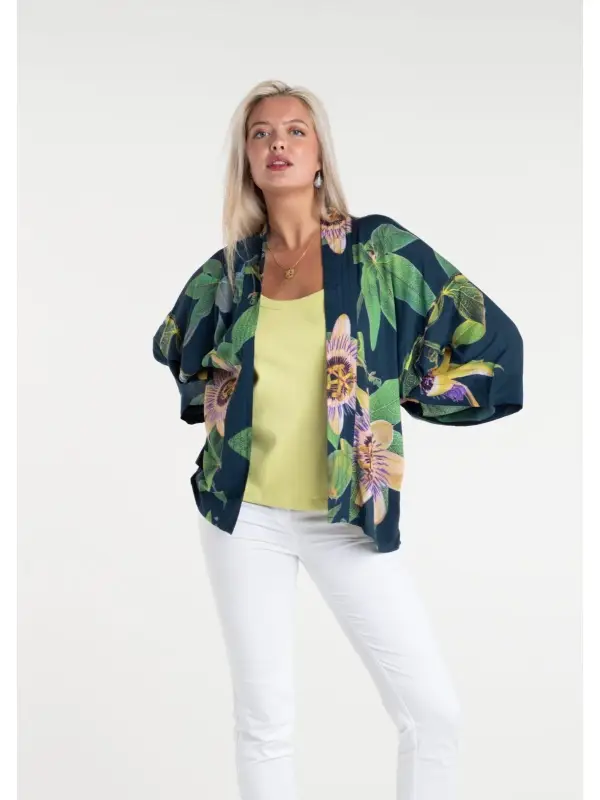 Passionflower Petrol print in a short kimono by From My Mother's Garden is a colourful, floral coverup lightweight jacket for the Spring Summer