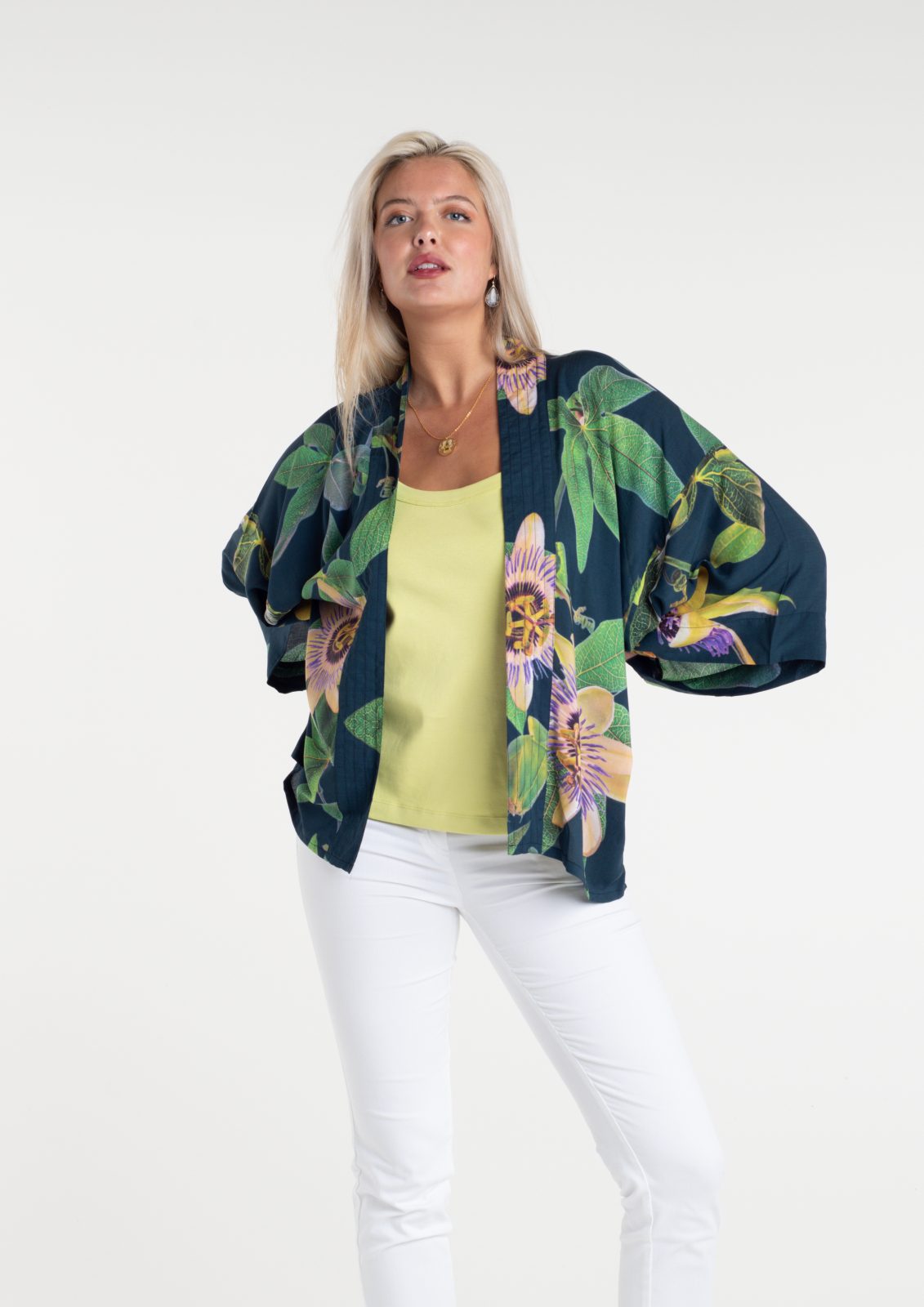 Passionflower Petrol print in a short kimono by From My Mother's Garden is a colourful, floral coverup lightweight jacket for the Spring Summer