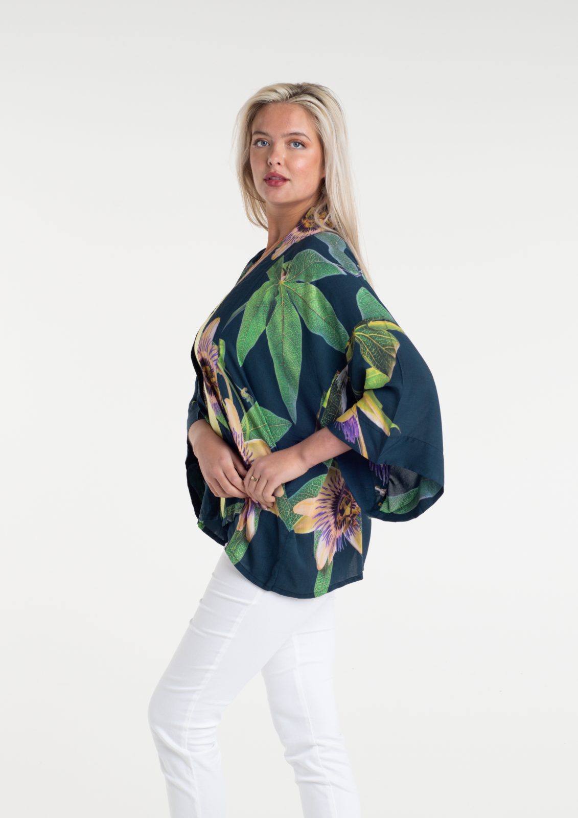 Passionflower Petrol print in a short kimono by From My Mother's Garden is a colourful, floral coverup lightweight jacket for the Spring Summer