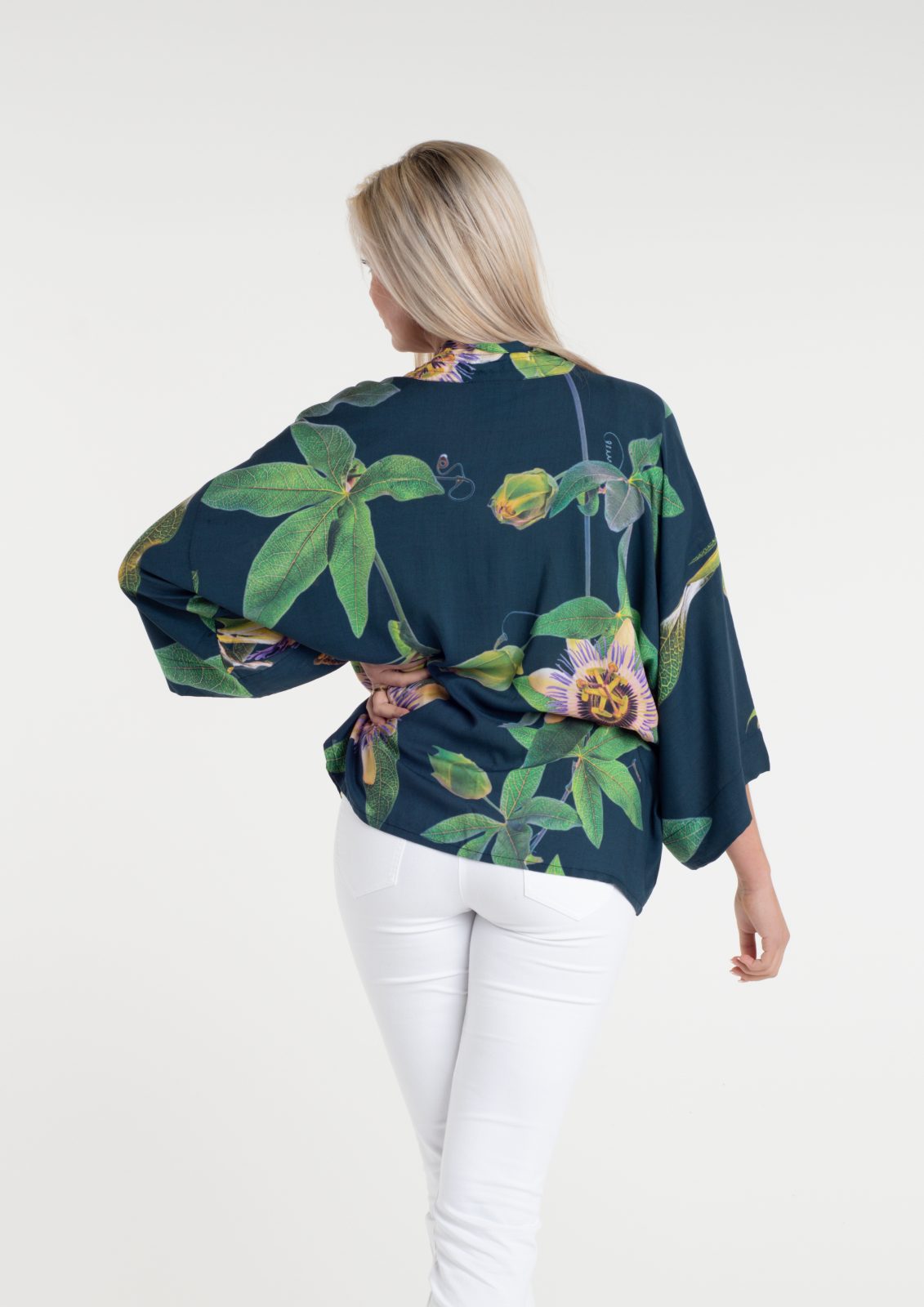 Passionflower Petrol print in a short kimono by From My Mother's Garden is a colourful, floral coverup lightweight jacket for the Spring Summer