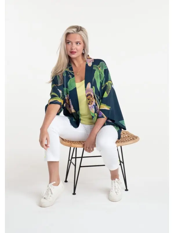 Passionflower Petrol print in a short kimono by From My Mother's Garden is a colourful, floral coverup lightweight jacket for the Spring Summer