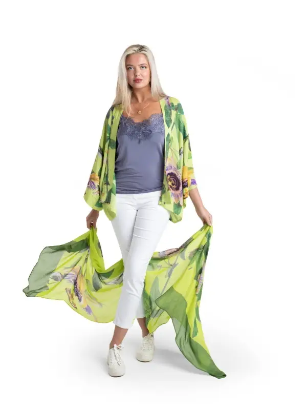 Passionflower Lime print in a short kimono by From My Mother's Garden is a colourful, floral coverup lightweight jacket for the Spring Summer