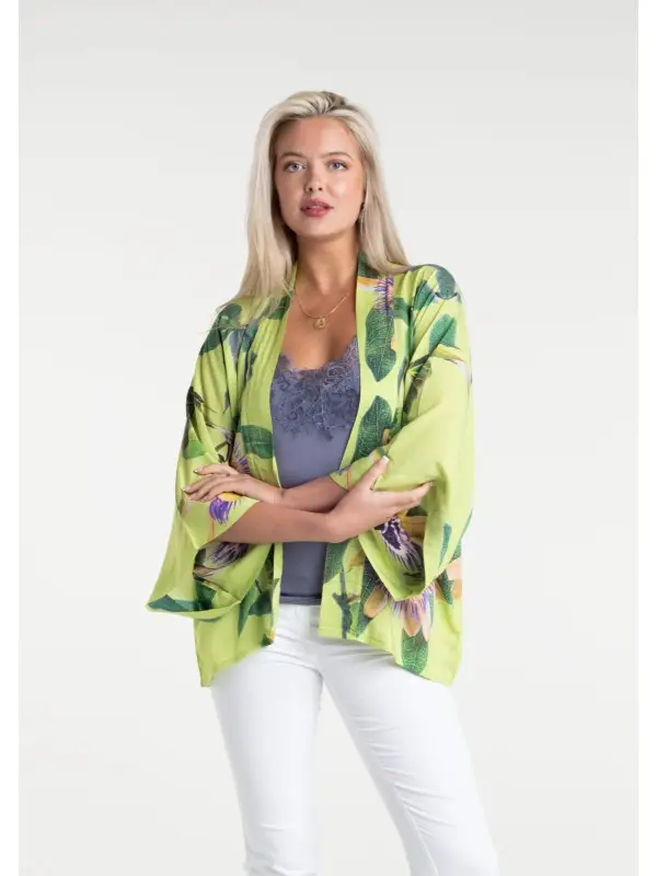 Passionflower Lime print in a short kimono by From My Mother's Garden is a colourful, floral coverup lightweight jacket for the Spring Summer