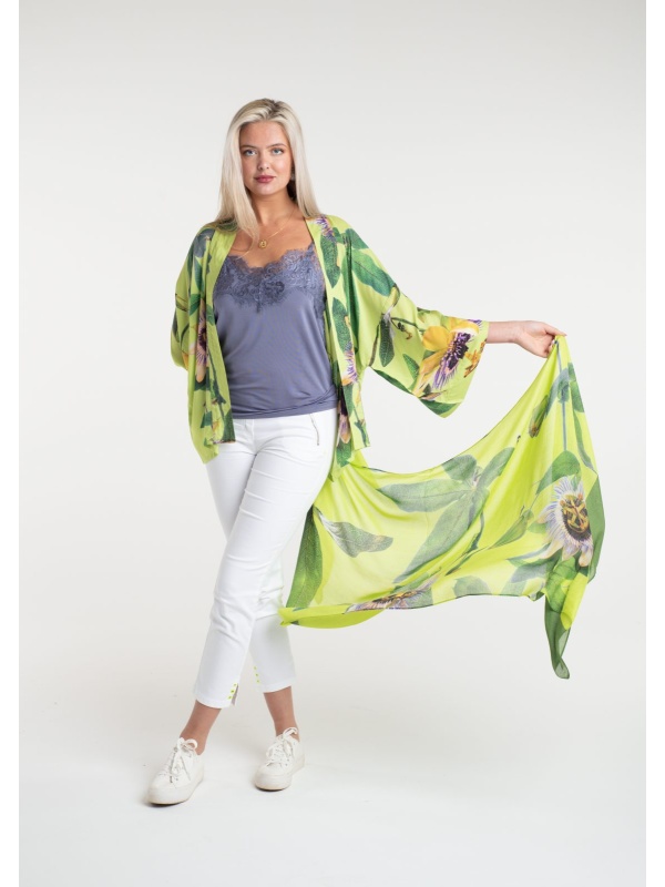 Passionflower Lime print in a short kimono by From My Mother's Garden is a colourful, floral coverup lightweight jacket for the Spring Summer