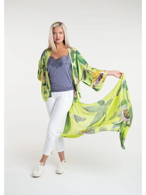Passionflower Lime print in a short kimono by From My Mother's Garden is a colourful, floral coverup lightweight jacket for the Spring Summer