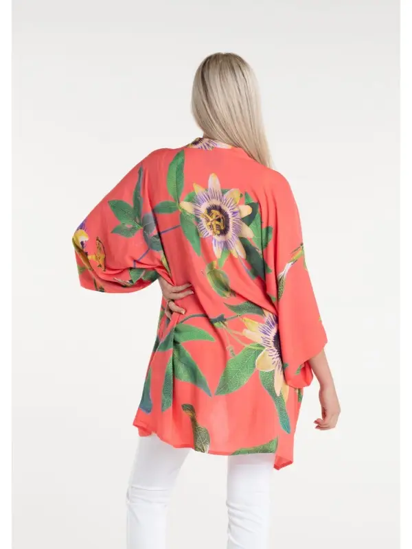 Passionflower Coral print in a mid-length kimono by From My Mother's Garden is a colourful, floral coverup lightweight jacket for the Spring Summer