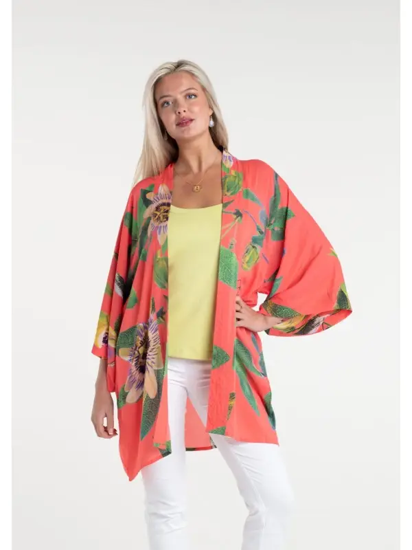 Passionflower Coral print in a mid-length kimono by From My Mother's Garden is a colourful, floral coverup lightweight jacket for the Spring Summer
