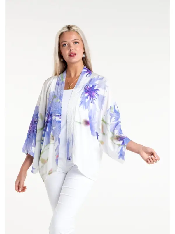From My Mother's Garden Short Lightweight Kimono in a cornflower print, perfect for the summer