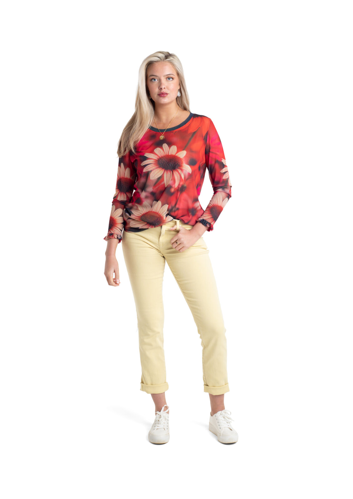 Dahlia Fire Tulle Top by From My Mother's Garden is a striking floral top with a scoop neckline and long sleeves. It has a Dahlia flower print on a red background