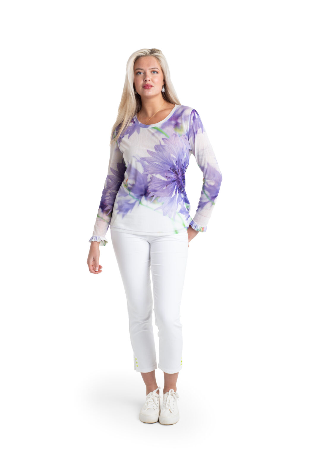 Cornflower Tulle Top by From My Mother's Garden is a pretty, feminine top with a scoop neckline and long sleeves. It has a Cornflower blue flower print on a white background
