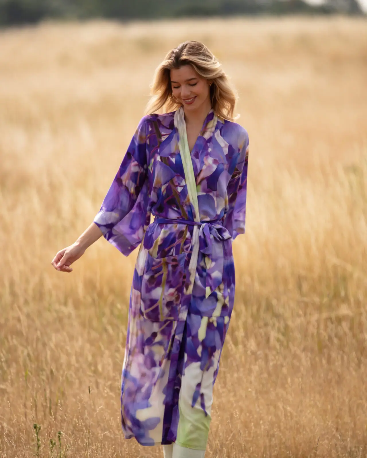 From My Mother's Garden Wisteria Long Robe is a pretty floral dressing gown or duster coat