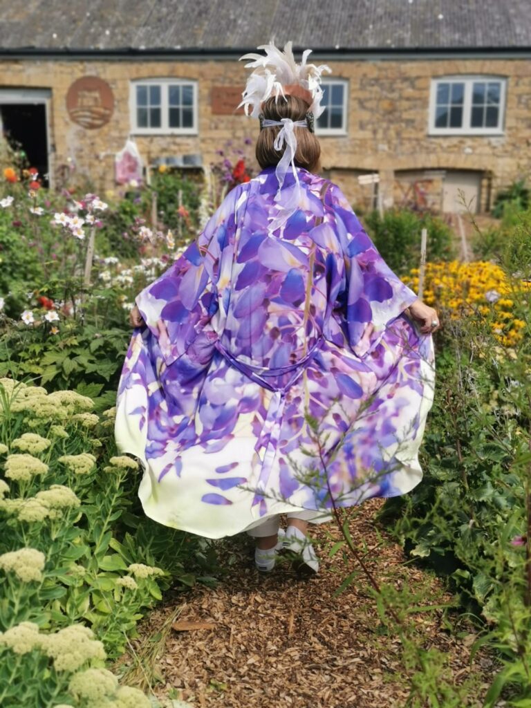 From My Mother's Garden Long Robe in the Wisteria print at Abbey Farm Flowers Pick Your Own Flowers