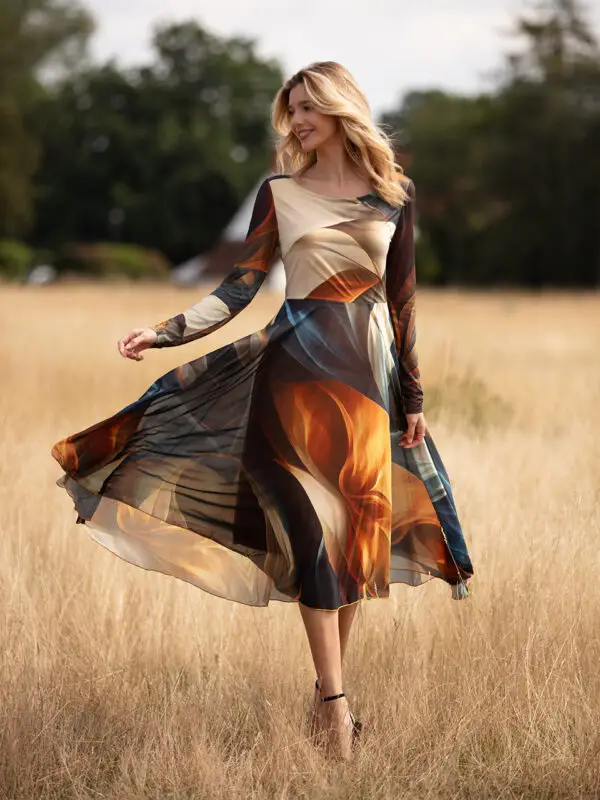 From My Mother's Garden Autumn Abstract Tulle Fit & Flare Midi dress in beautiful autumnal colours