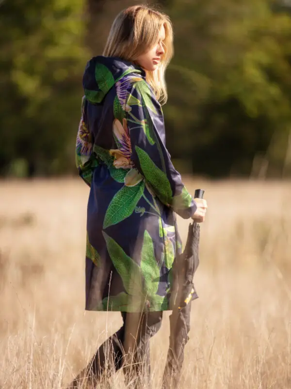 From My Mother's Garden Passionflower Raincoat is a beautiful lightweight jacket with detachable rain hood.