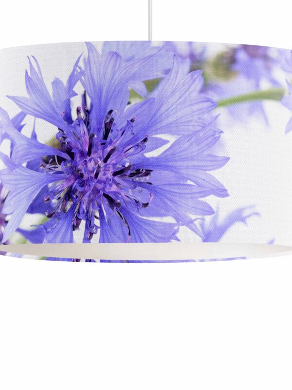 From My Mother's Garden Cornflower Linen pendant lampshade has a pretty floral print in lavender blue, pale violet and periwinkle hues on a white background. 40cm Diameter. Designed and made in England.