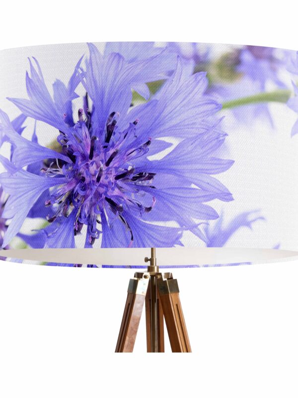 From My Mother's Garden Cornflower Linen pendant lampshade has a pretty floral print in lavender blue, pale violet and periwinkle hues on a white background. 40cm Diameter. Designed and made in England.