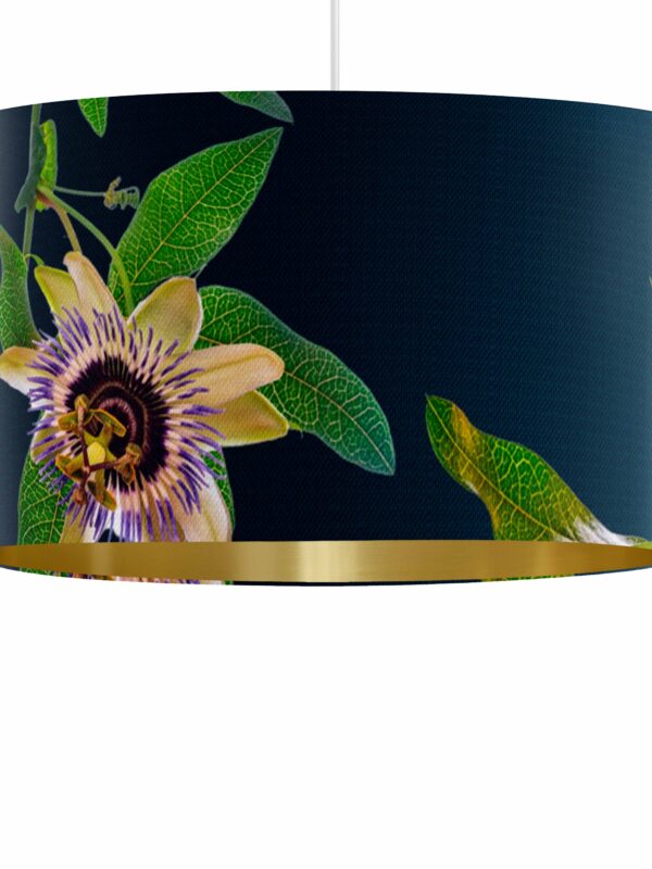 From My Mother's Garden Passionflower in Petrol Green pendant lampshade made of a velvet fabric and with a gold interior 40cm diameter