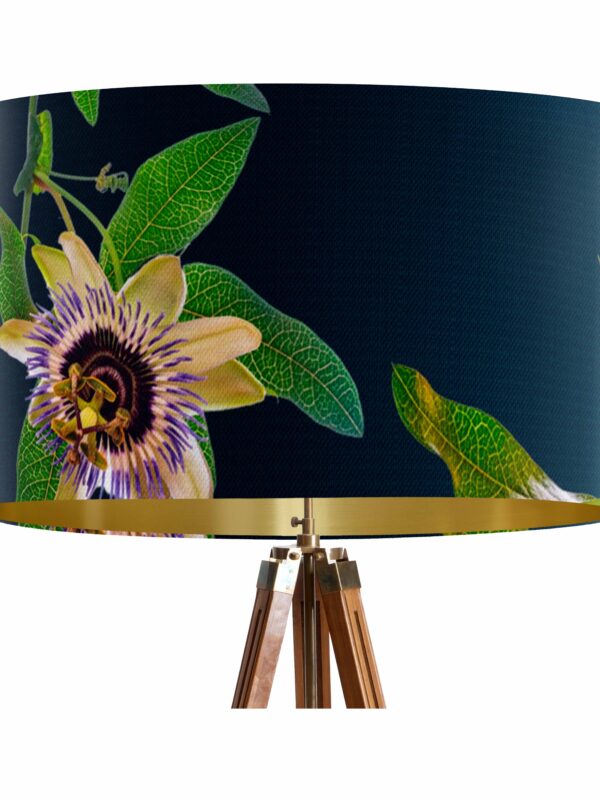 From My Mother's Garden Passionflower in Petrol Green pendant lampshade made of a velvet fabric and with a gold interior 40cm diameter