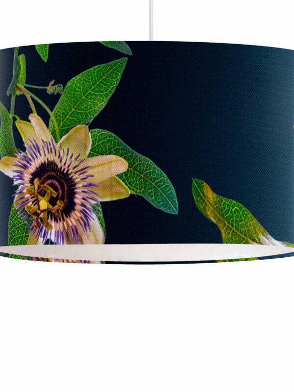 From My Mother's Garden Linen Pendant Lampshade in the Passionflower Petrol Print. Designed & Made in England. 40cm diameter.