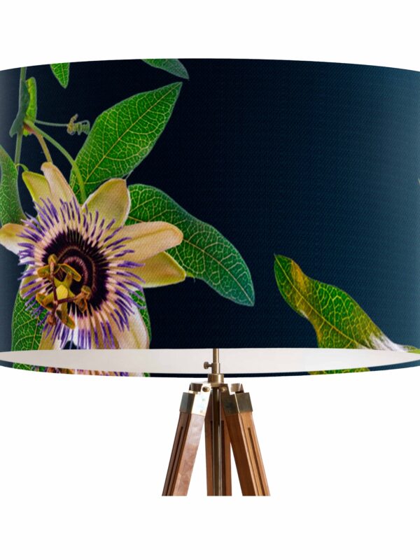 From My Mother's Garden Linen Pendant Lampshade in the Passionflower Petrol Print. Designed & Made in England. 40cm diameter.