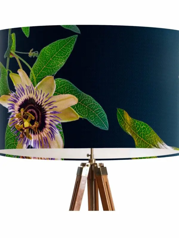 From My Mother's Garden Linen Pendant Lampshade in the Passionflower Petrol Print. Designed & Made in England. 40cm diameter.