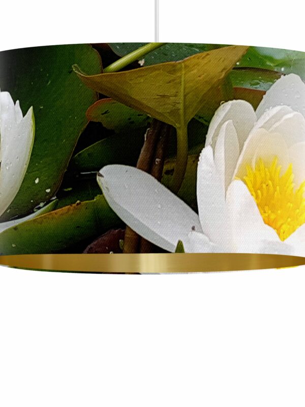 From My Mother's Garden Pendant Lampshade in velvet with a gold inside featuring a Waterlily print in green, olive, white and yellow