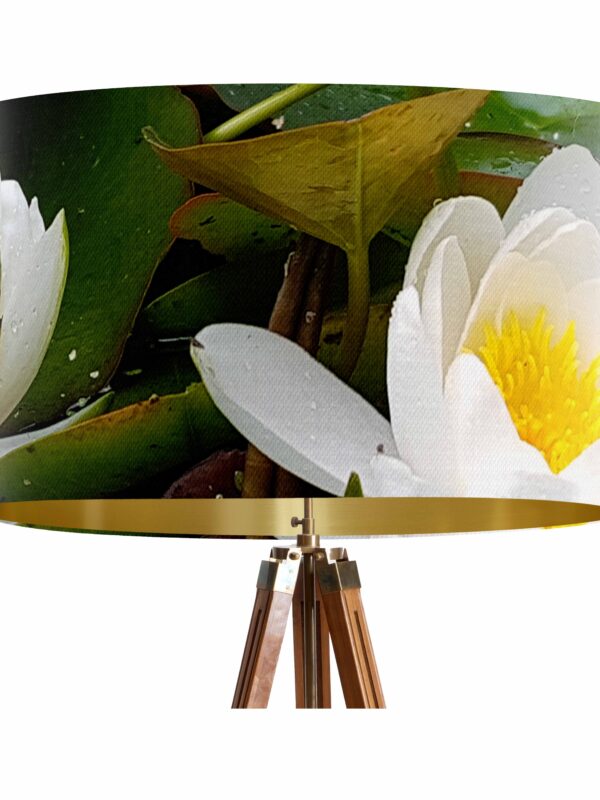 From My Mother's Garden Pendant Lampshade in velvet with a gold inside featuring a Waterlily print in green, olive, white and yellow