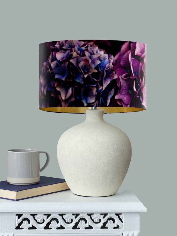 From My Mother's Garden Jewel Hydrangea Lamp Stand Lampshade in velvet with gold interior adds a little luxury to your home decor. Designed and made in England. 40cm diameter