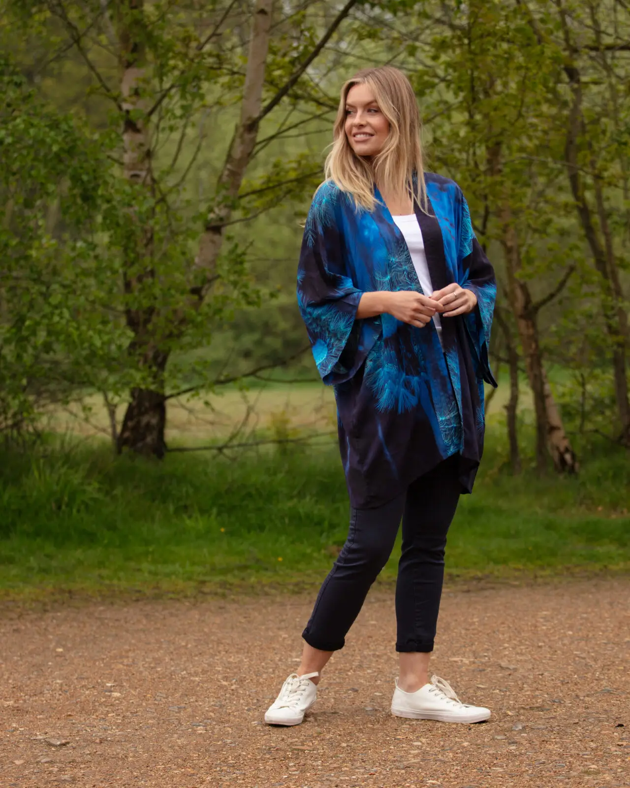 From My Mother's Garden Mid Length Kimono in the blue Wishes print of a Dandelion Clock. A beautiful silky lightweight jacket
