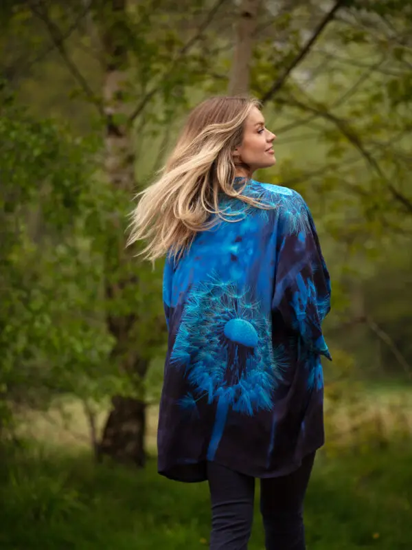 From My Mother's Garden Mid Length Kimono in the blue Wishes print of a Dandelion Clock. A beautiful silky lightweight jacket