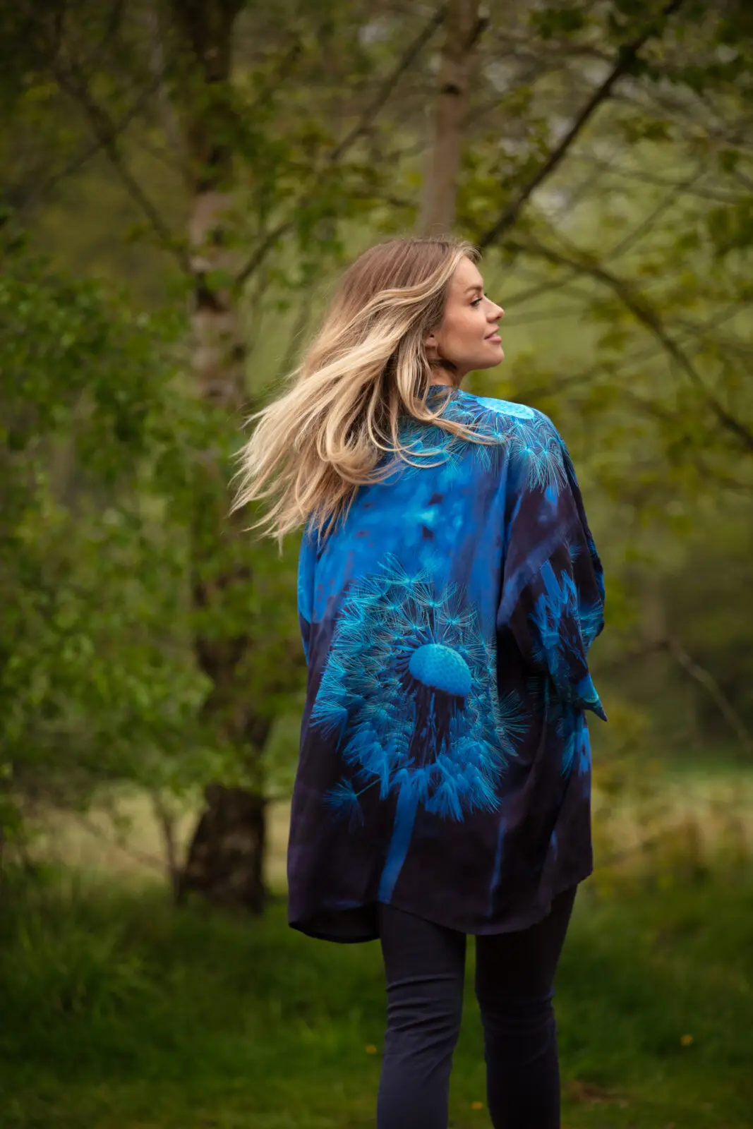 From My Mother's Garden Mid Length Kimono in the blue Wishes print of a Dandelion Clock. A beautiful silky lightweight jacket