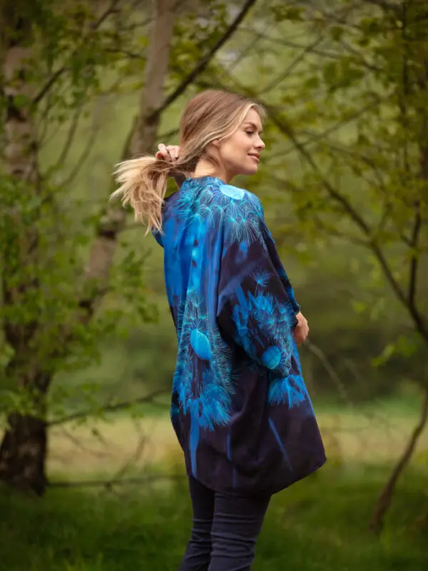 From My Mother's Garden Mid Length Kimono in the blue Wishes print of a Dandelion Clock. A beautiful silky lightweight jacket