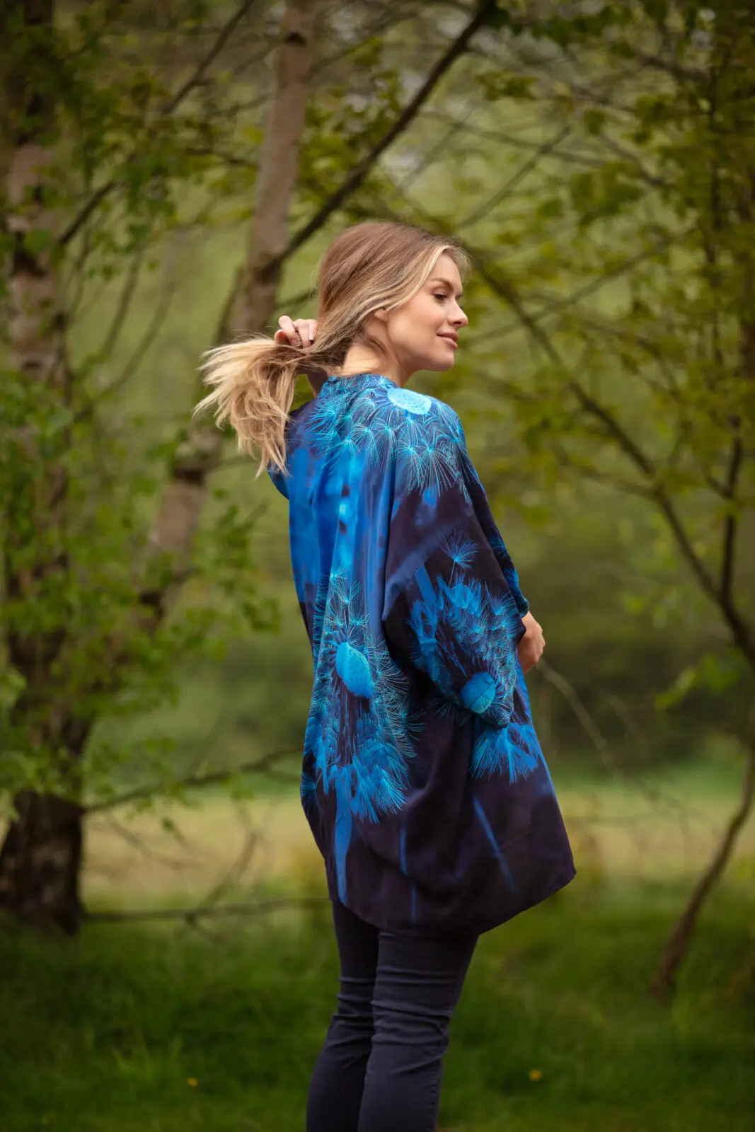 From My Mother's Garden Mid Length Kimono in the blue Wishes print of a Dandelion Clock. A beautiful silky lightweight jacket