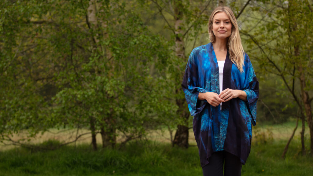 From My Mother's Garden Mid Length Kimono in the blue Wishes print of a Dandelion Clock. A beautiful silky lightweight jacket