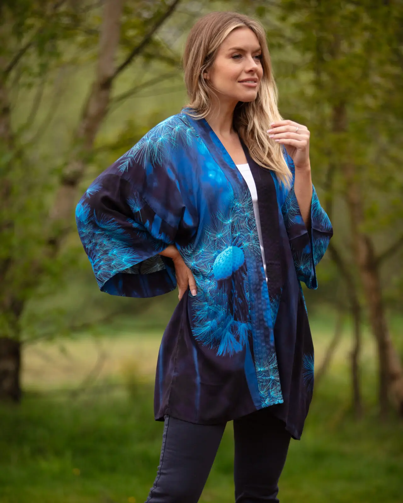 From My Mother's Garden Mid Length Kimono in the blue Wishes print of a Dandelion Clock. A beautiful silky lightweight jacket
