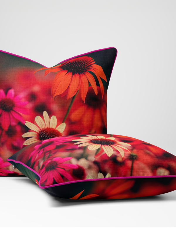 From My Mother's Garden Dahlia Fire velvet cushion is square. It is a soft-feel velour and has scarlet piping around the edges. 45 x 45cm