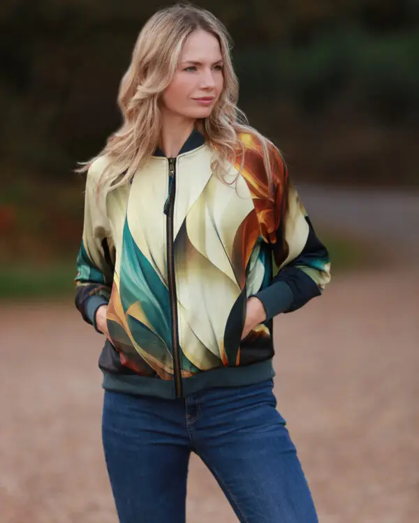 Autumn Abstract satin bomber jacket in beautiful autumnal colours of gold, caramel, teal and ivory