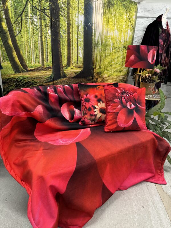 Red Dahlia Fleece Throw by From My Mother's Garden in a gorgeous red print.