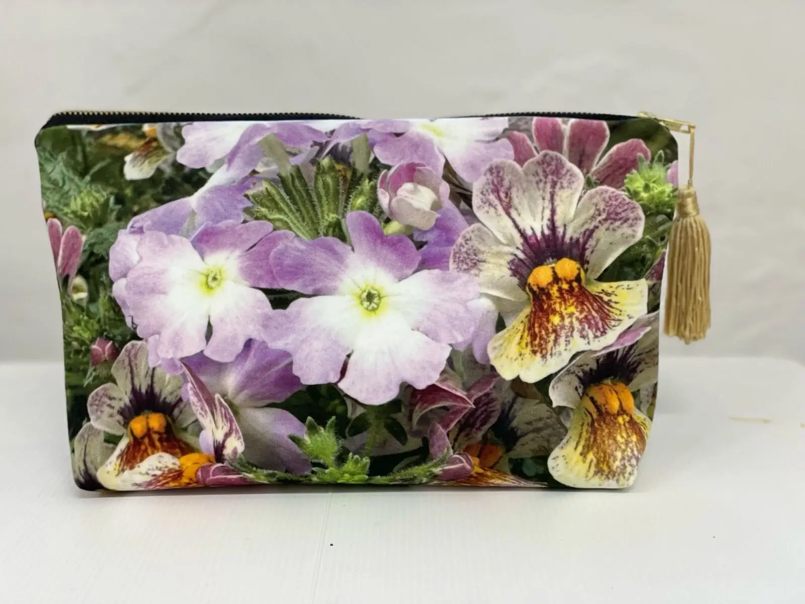 Pansies large velvet makeup bag by From My Mother's Garden