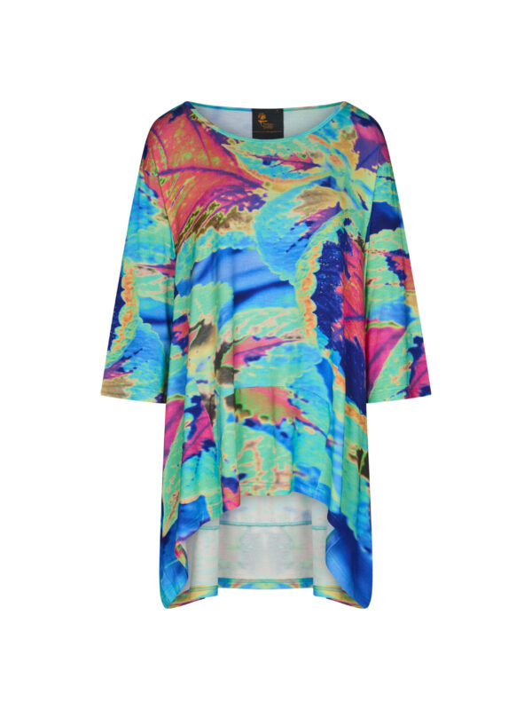 From My Mother's Garden Aqua Neon Leaves High Low tunic in a jersey fabric