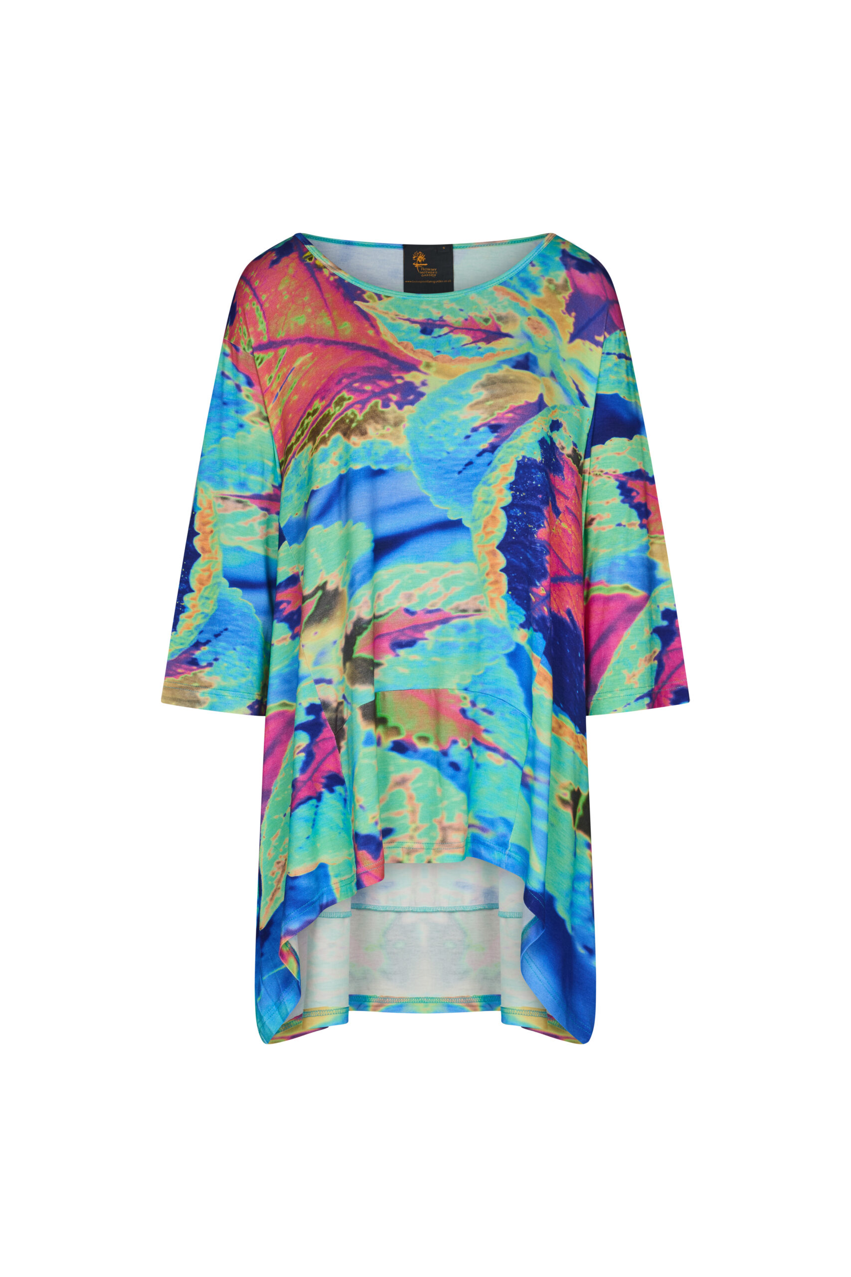 From My Mother's Garden Aqua Neon Leaves High Low tunic in a jersey fabric