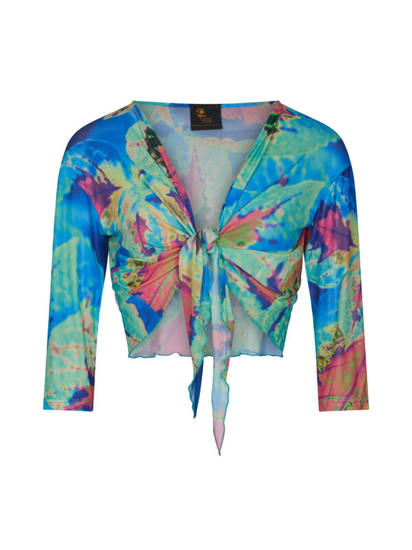 Aqua Neon Leaf Mesh Shrug by From My Mother's Garden can be worn over a vest top or long sleeve jersey top, or over a dress to add a pop of colour