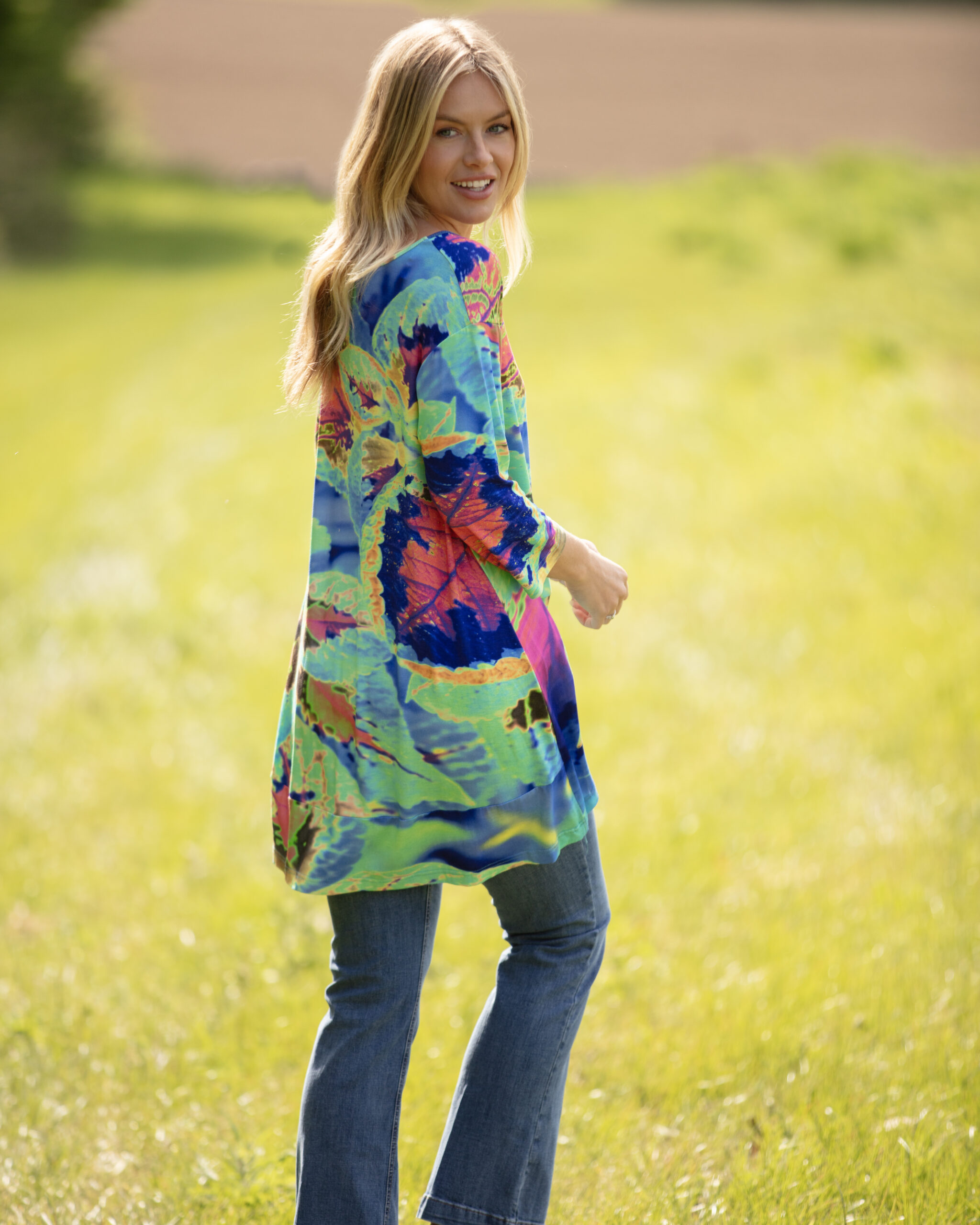 From My Mother's Garden Aqua Neon Leaves High Low tunic in a jersey fabric