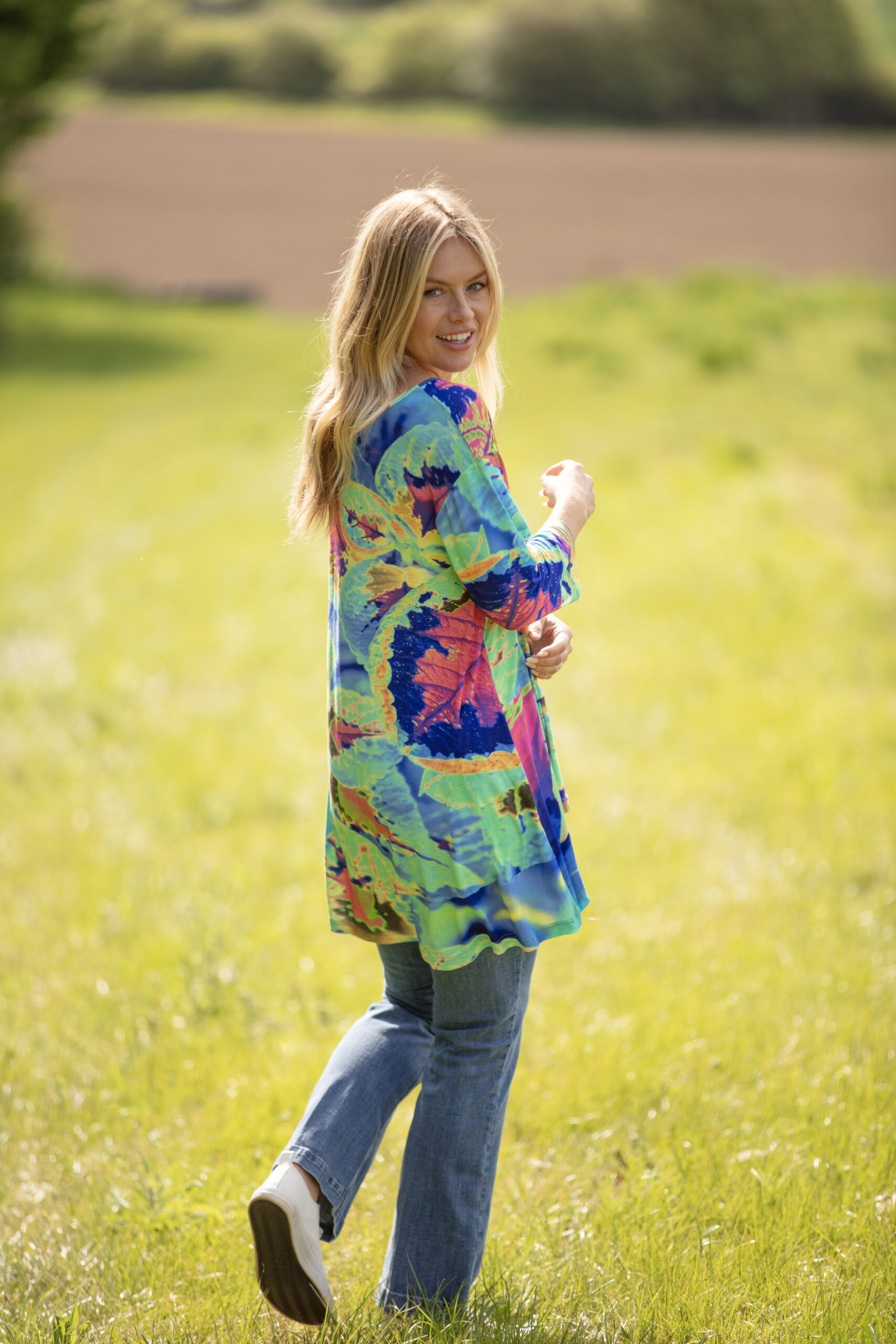 From My Mother's Garden Aqua Neon Leaves High Low tunic in a jersey fabric