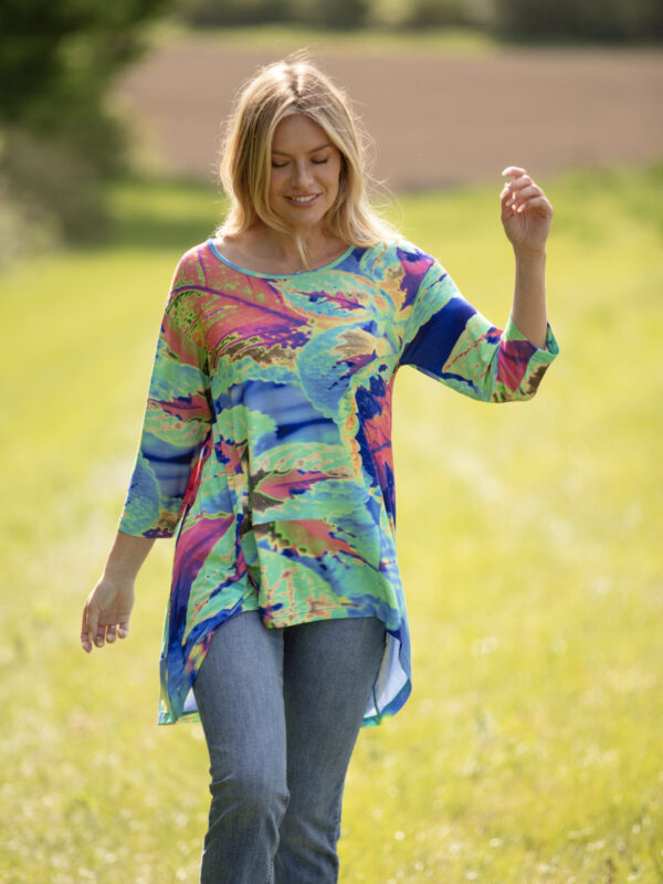 From My Mother's Garden Aqua Neon Leaves High Low tunic in a jersey fabric