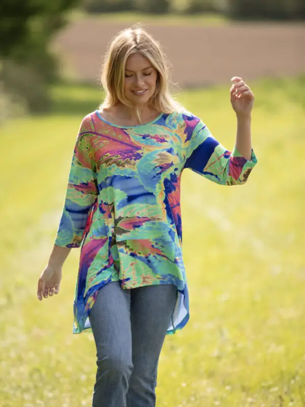 From My Mother's Garden Aqua Neon Leaves High Low tunic in a jersey fabric