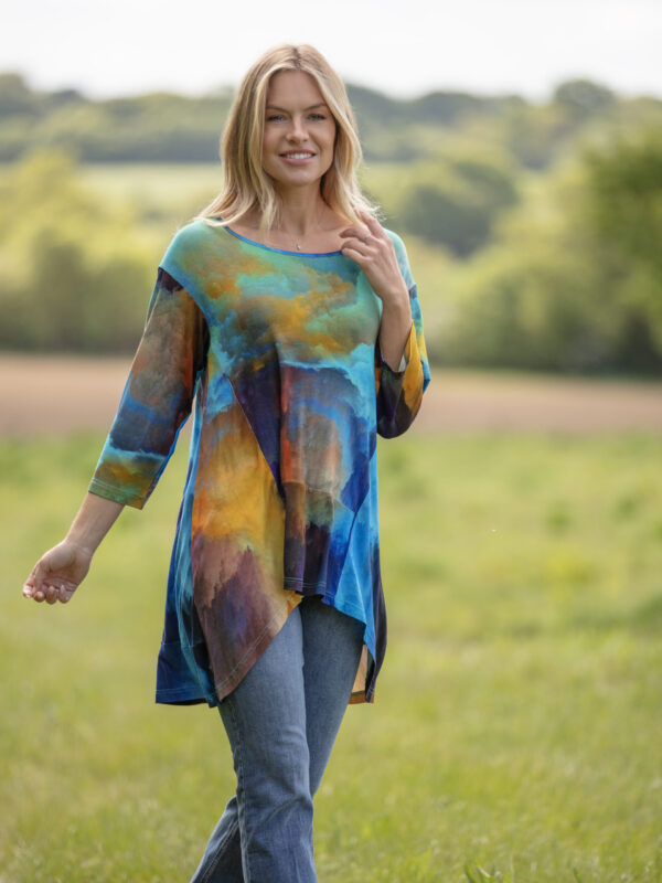 From My Mother's Garden Hi-Low Tunic in a Sky Abstract print