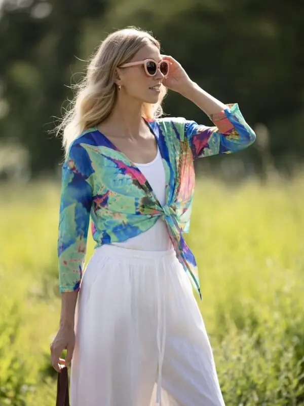 Aqua Neon Leaf Mesh Shrug by From My Mother's Garden can be worn over a vest top or long sleeve jersey top, or over a dress to add a pop of colour
