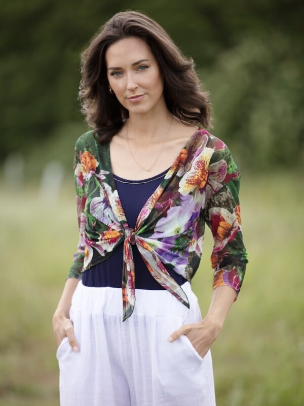 Pansy Pop Mesh Shrug by From My Mother's Garden is a colour piece that looks great over a black or green dress for example, or equally over a vest top